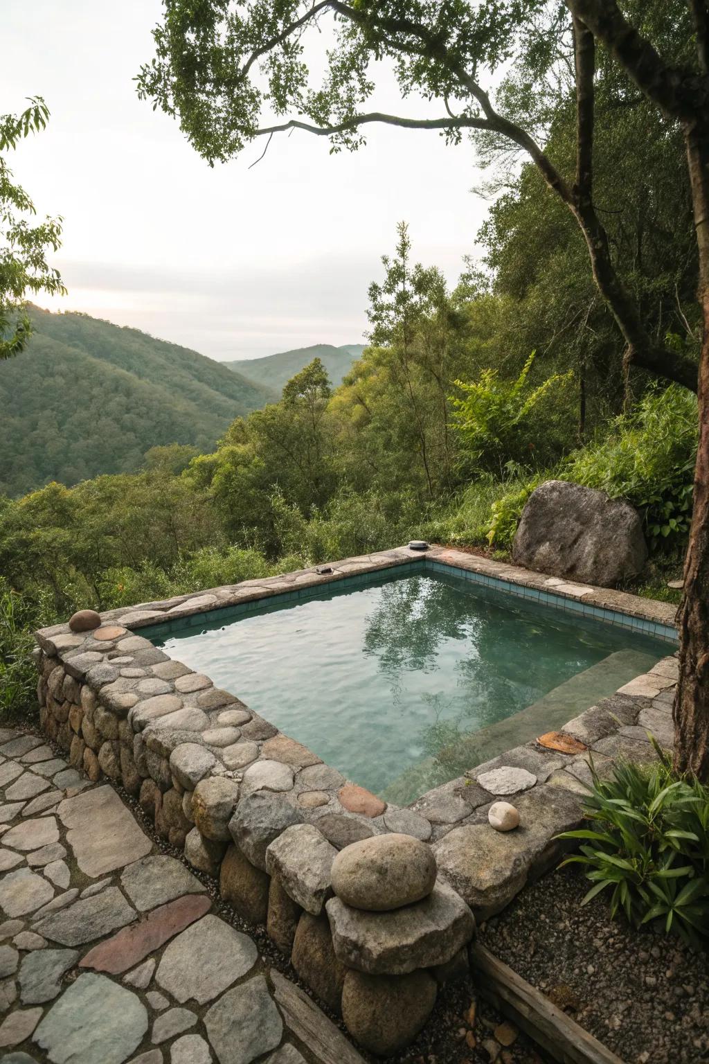A plunge pool elegantly framed by natural stones and greenery.