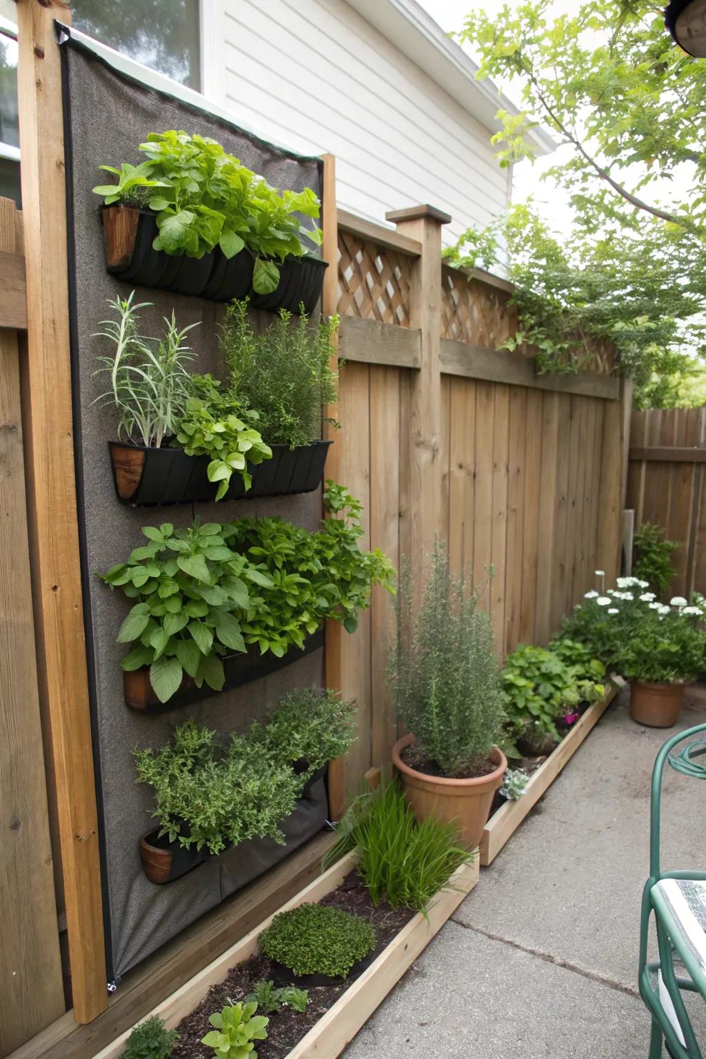 A vertical herb garden brimming with fresh herbs, perfect for culinary enthusiasts.
