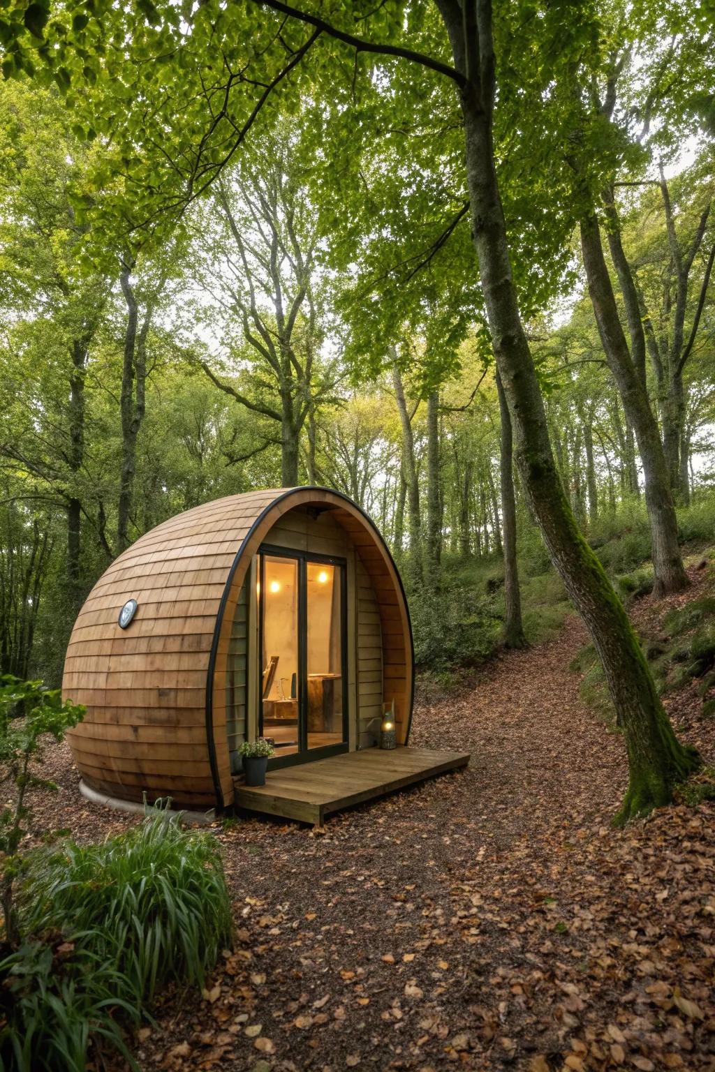 A nature-inspired pod blending seamlessly with the forest surroundings.
