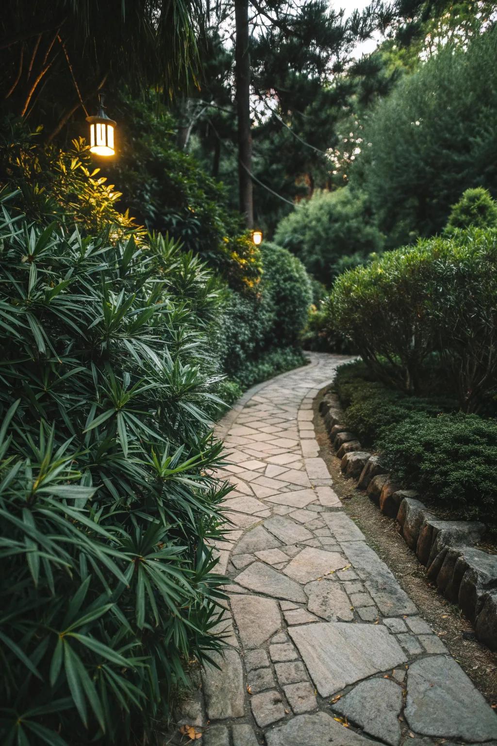 Podocarpus lining a stone pathway, adding elegance to the walk.