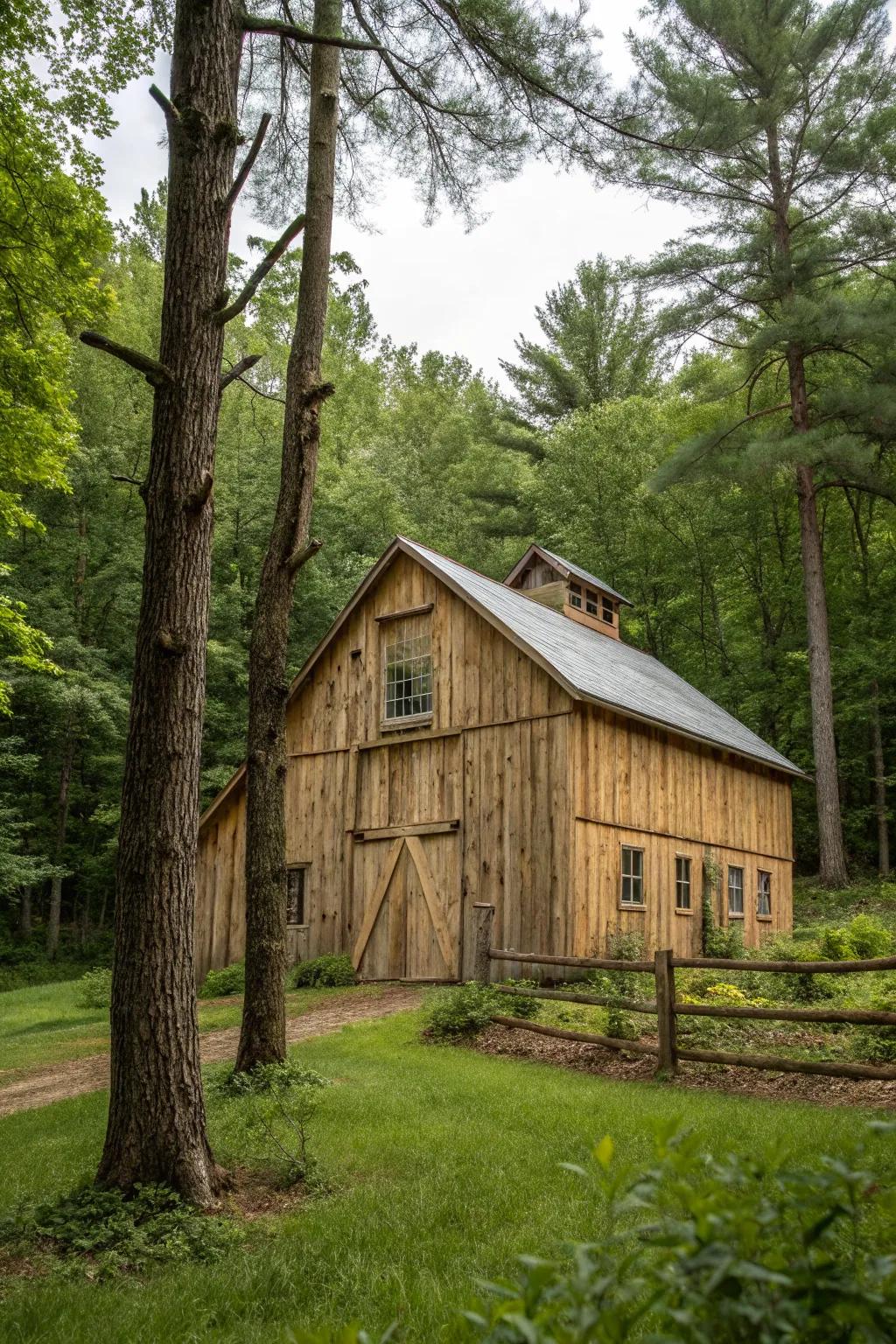 Natural wood siding brings rustic charm to a pole barn.