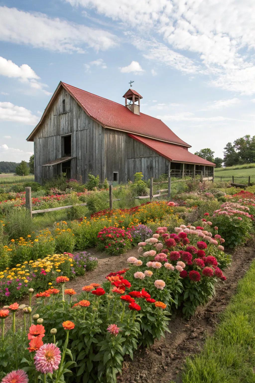 Vibrant flower beds enhance the beauty of the pole barn.