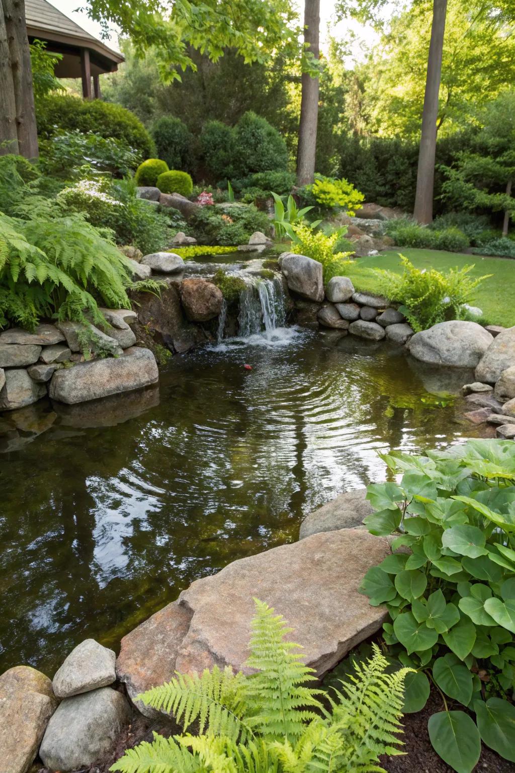 A cascading waterfall adds movement and sound to a pond.