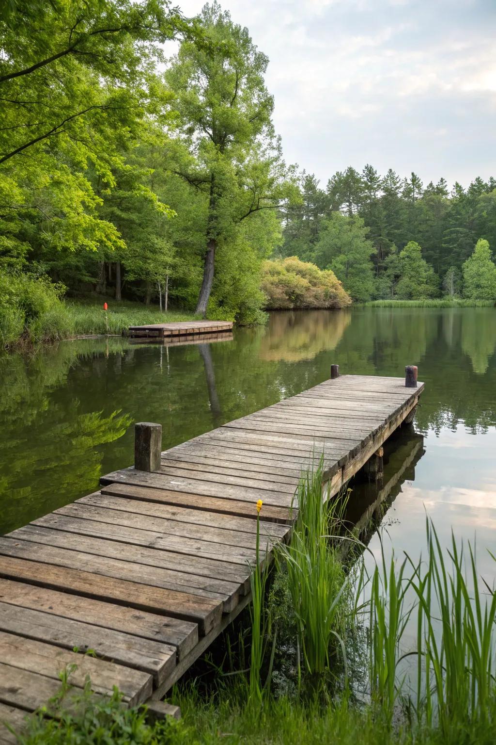 A rustic wooden dock offering a cozy, natural vibe.