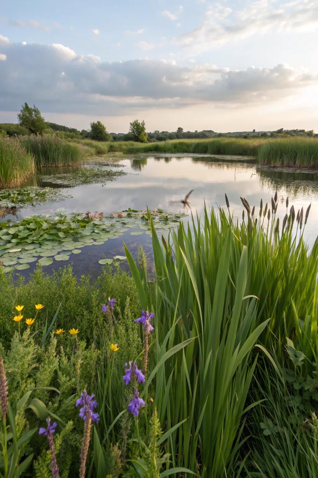 Marginal plants create a lush and inviting pond edge.
