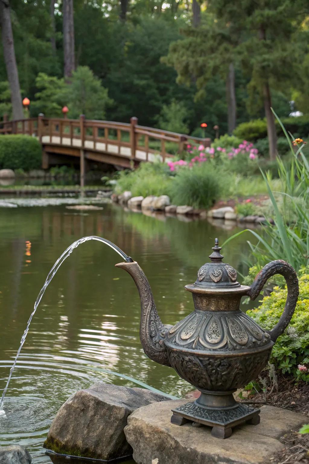 A vintage teapot spitter brings charm and nostalgia to your garden.