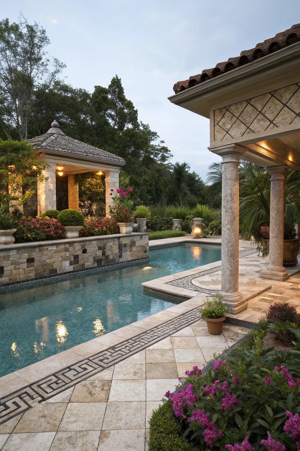 Elegant stone and tile accents elevate the pool's aesthetic.