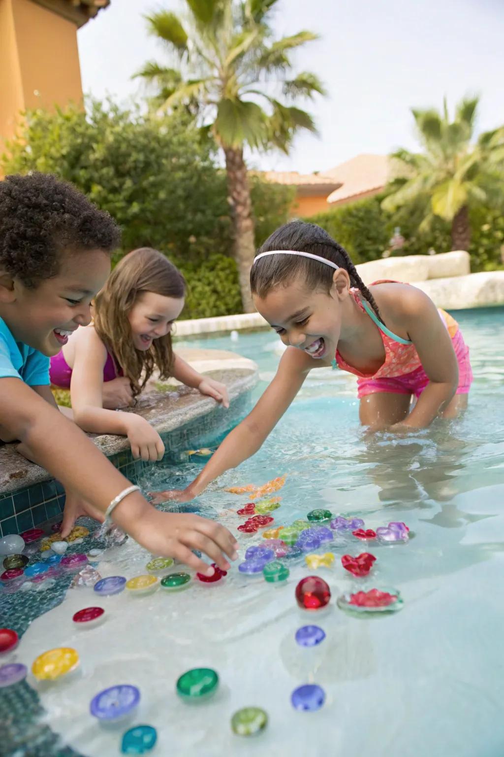 Children diving and searching for treasures in a pool.