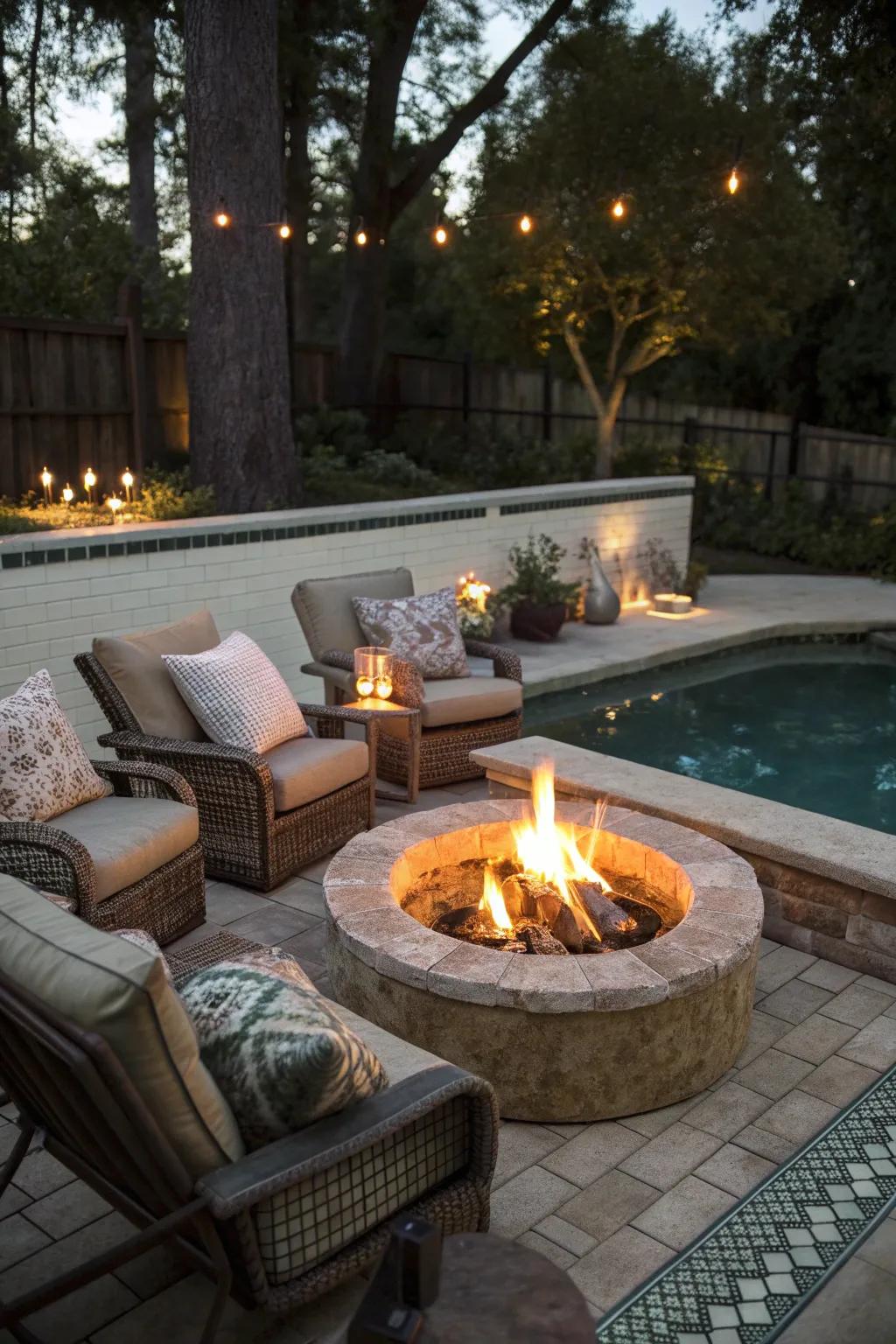 A warm fire pit lounge replacing the pool.