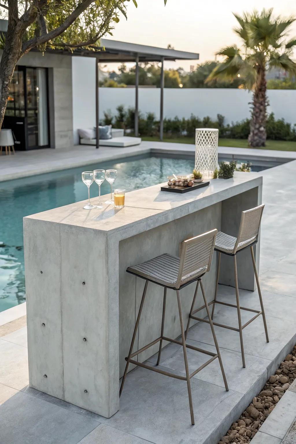 A sleek, modern pool deck bar perfect for contemporary spaces.
