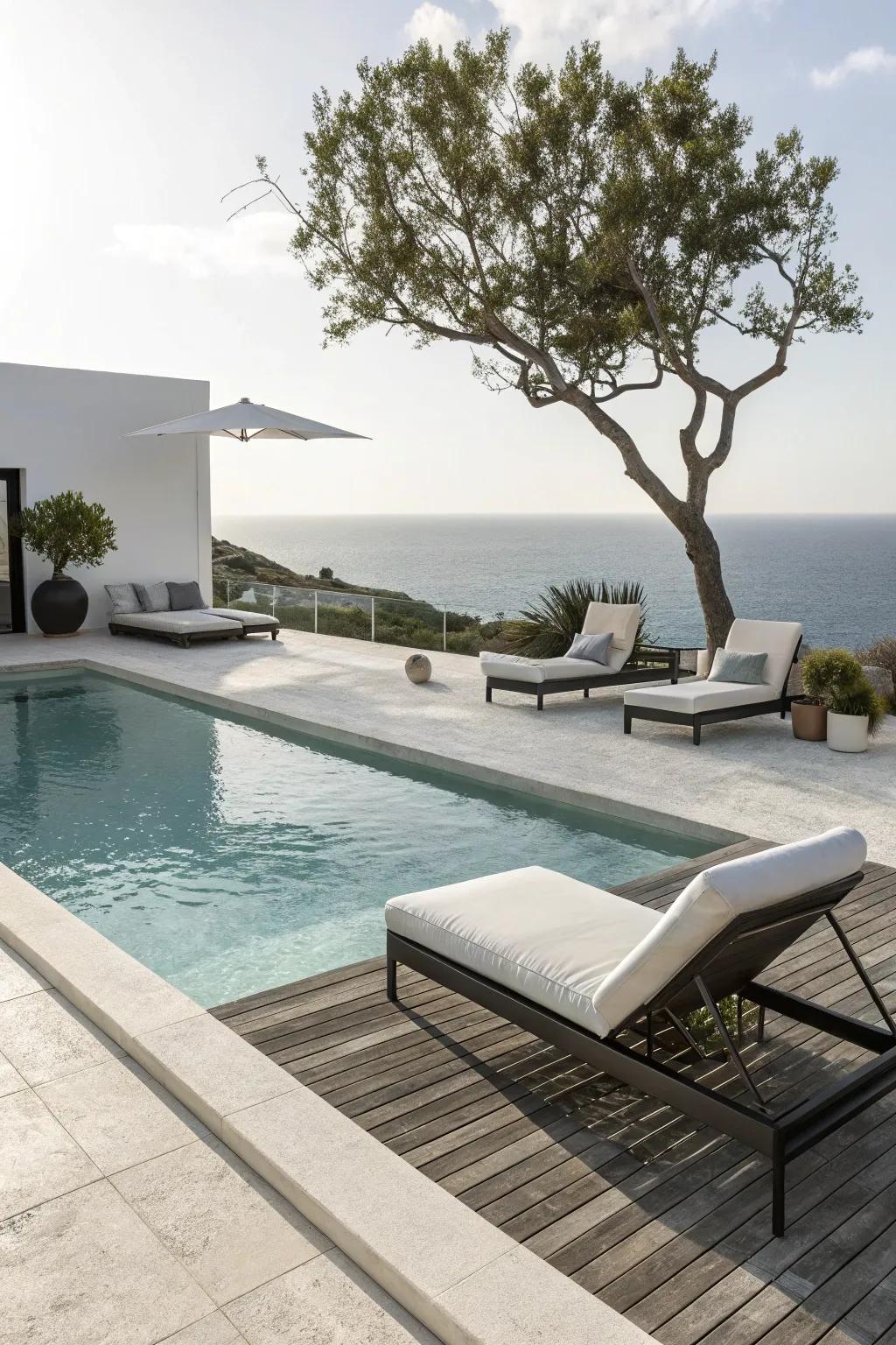 A modern minimalist pool deck showcasing sleek and elegant design.