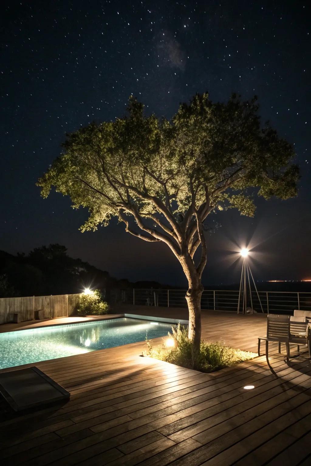 Dramatic effect with a spotlight on a tree by the pool.
