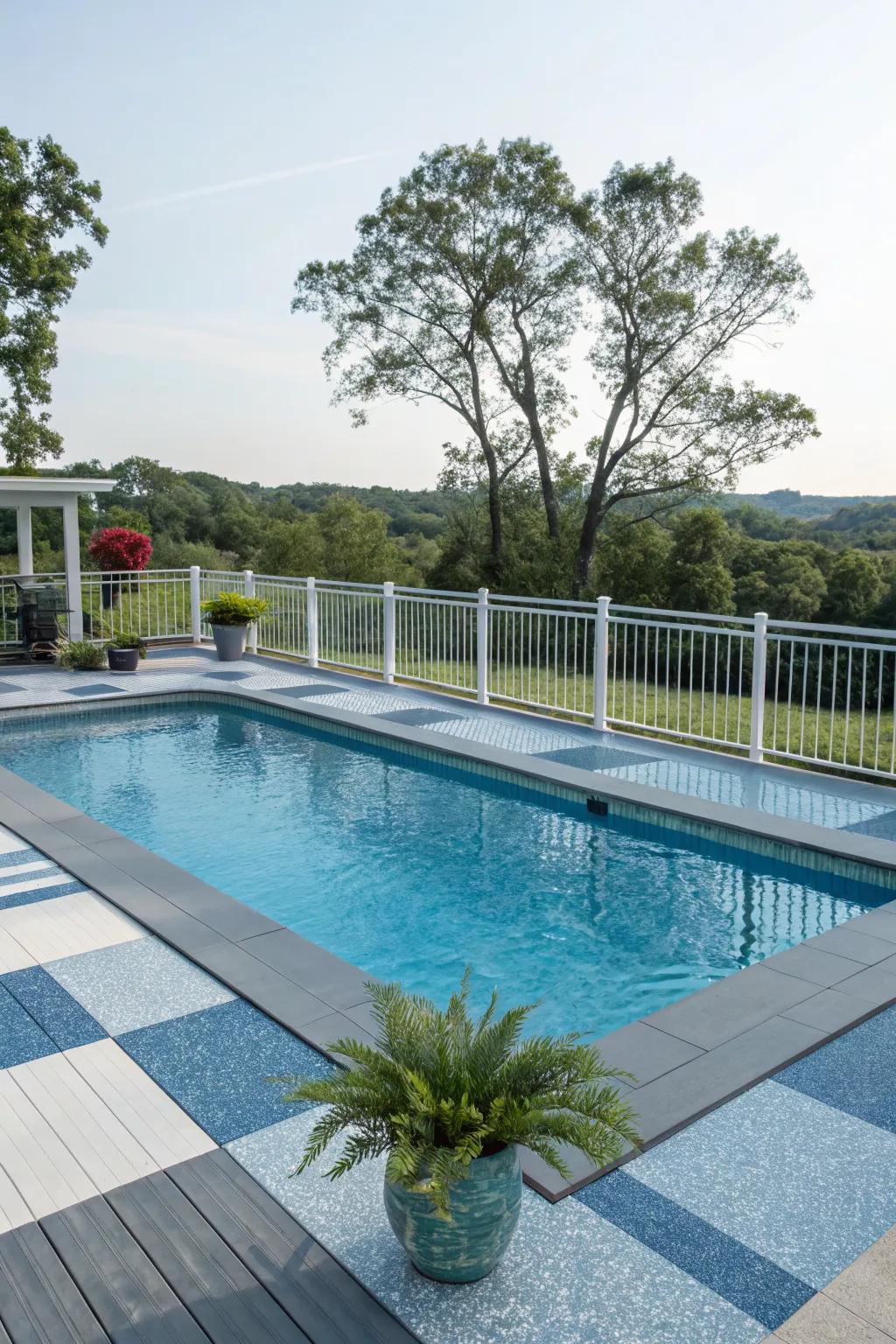 Blues and grays blend seamlessly with pool water, creating a tranquil atmosphere.