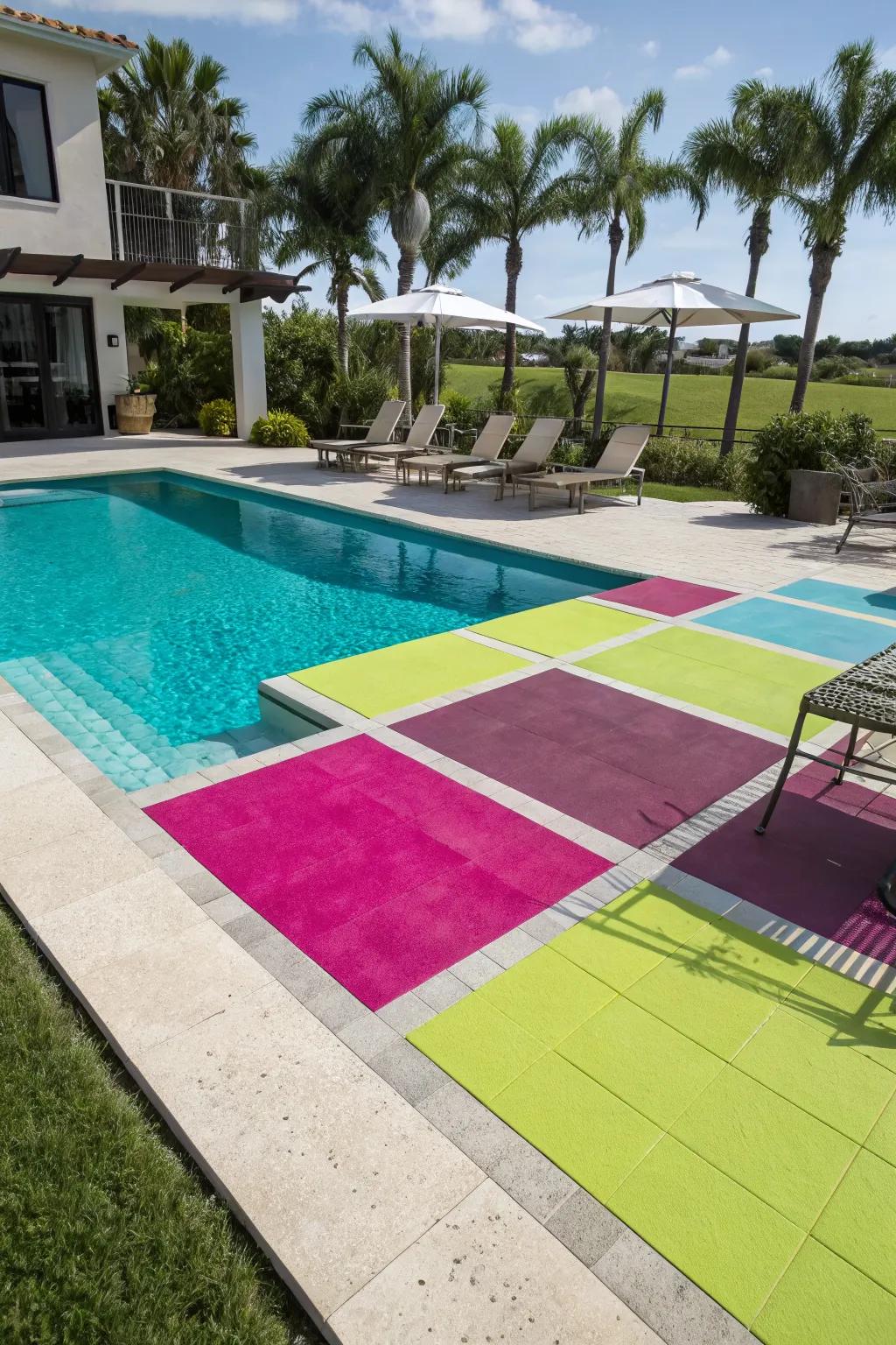 Bold color blocks bring a modern and playful vibe to your pool area.