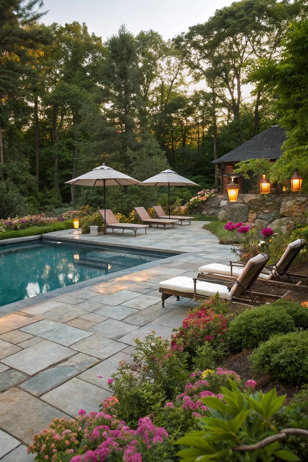 Natural stone pavers offer a luxurious and organic poolside experience.
