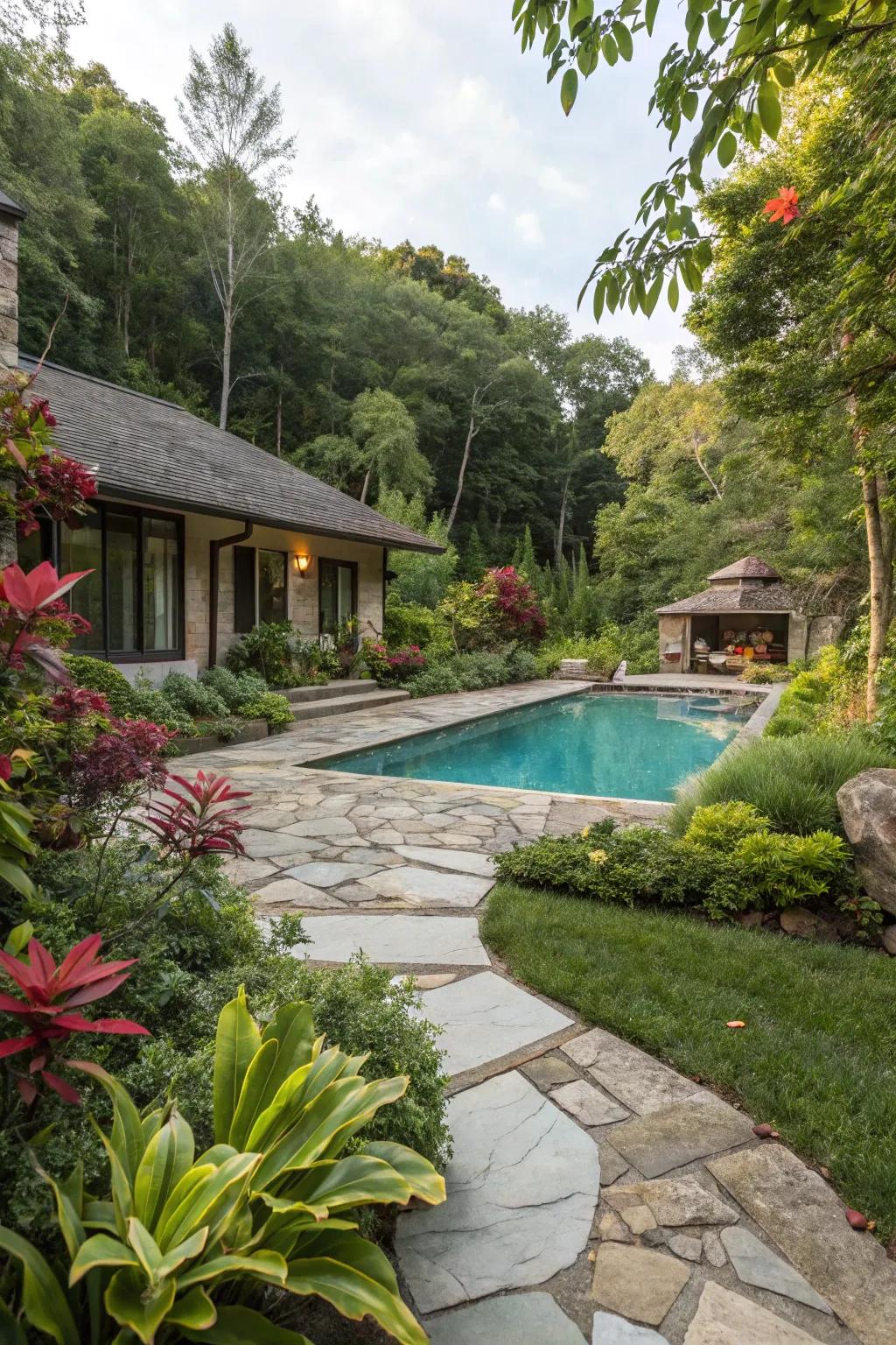 Bring nature to your poolside with greenery and natural materials.