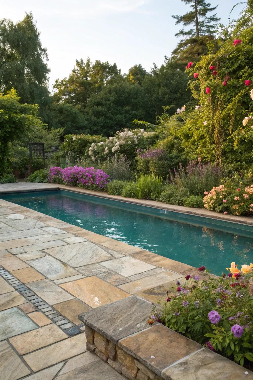 Natural stone tiles enhance the pool with timeless elegance.