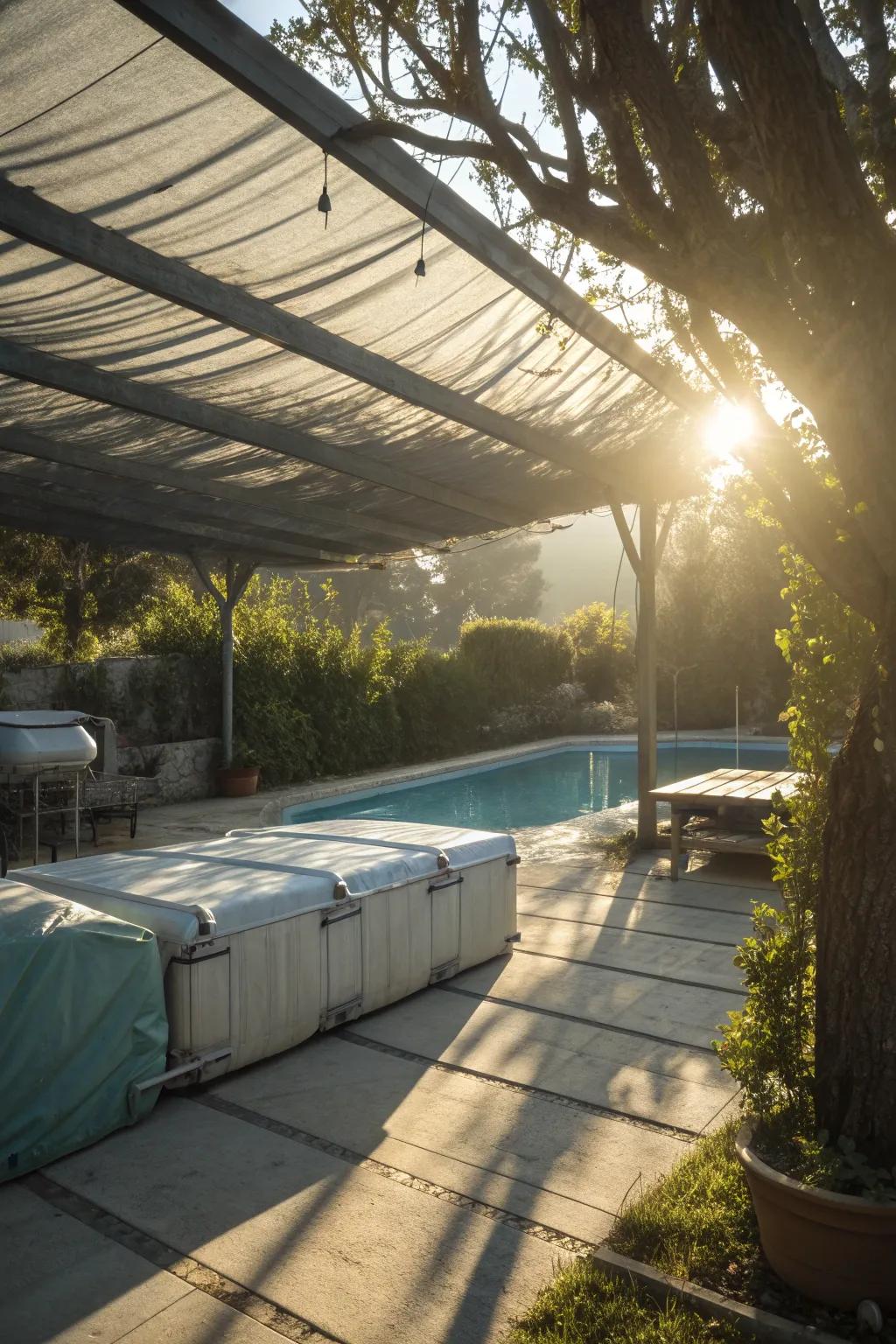 Shade cloth provides versatile coverage for pool equipment, filtering harsh sunlight.