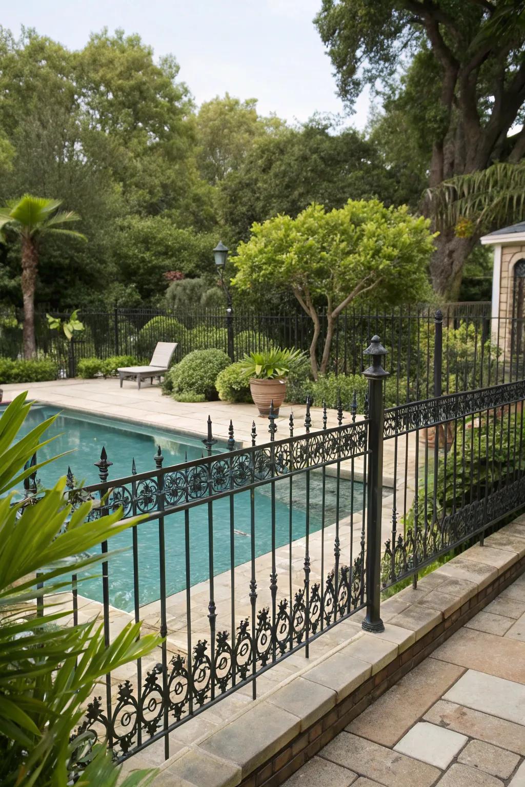Wrought iron fences combine elegance and security for a classic poolside look.