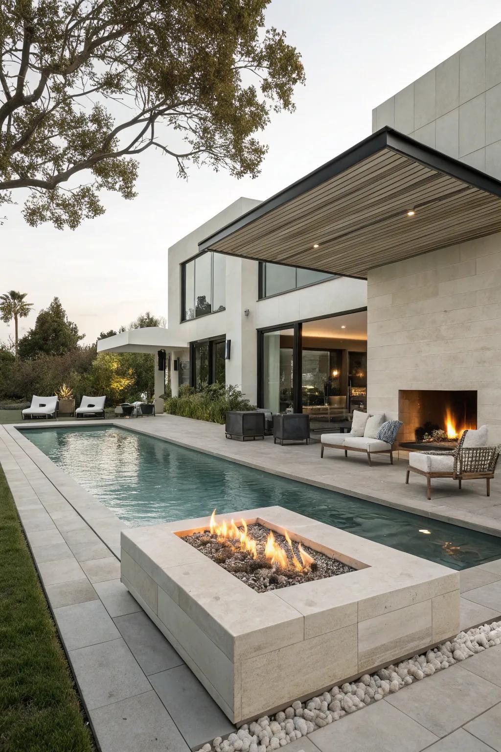 Minimalist fireplaces for a modern poolside aesthetic.