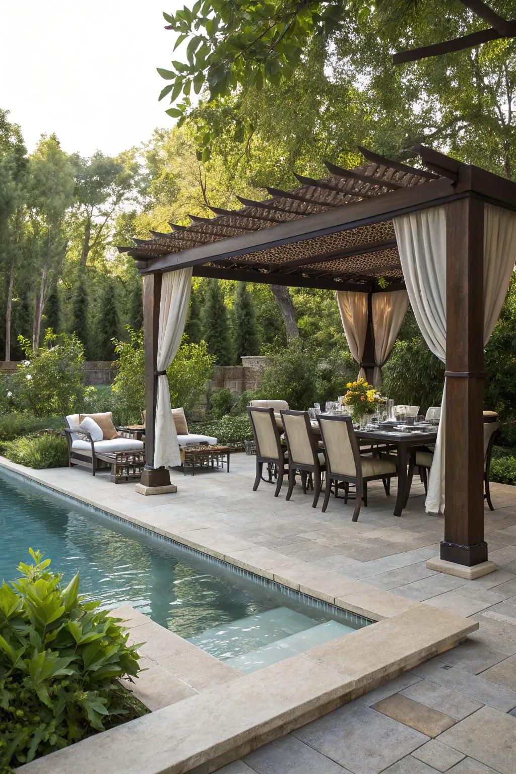 Relax and entertain in your outdoor living room by the pool.