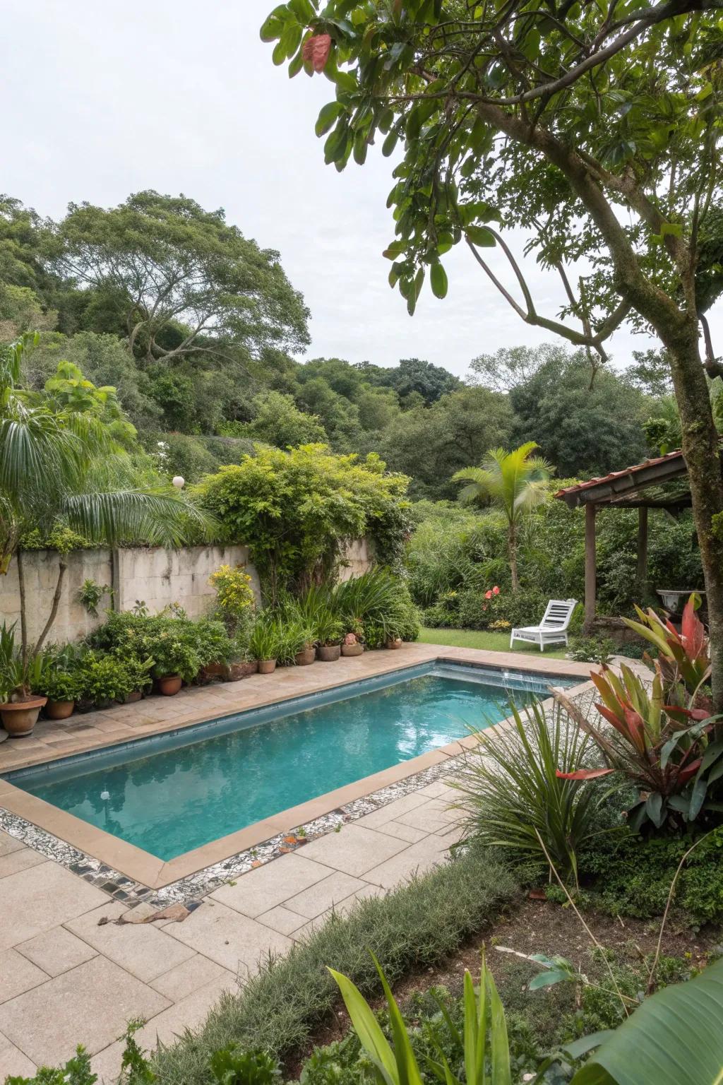 Lush landscaping enhances the natural appeal of a pool area.