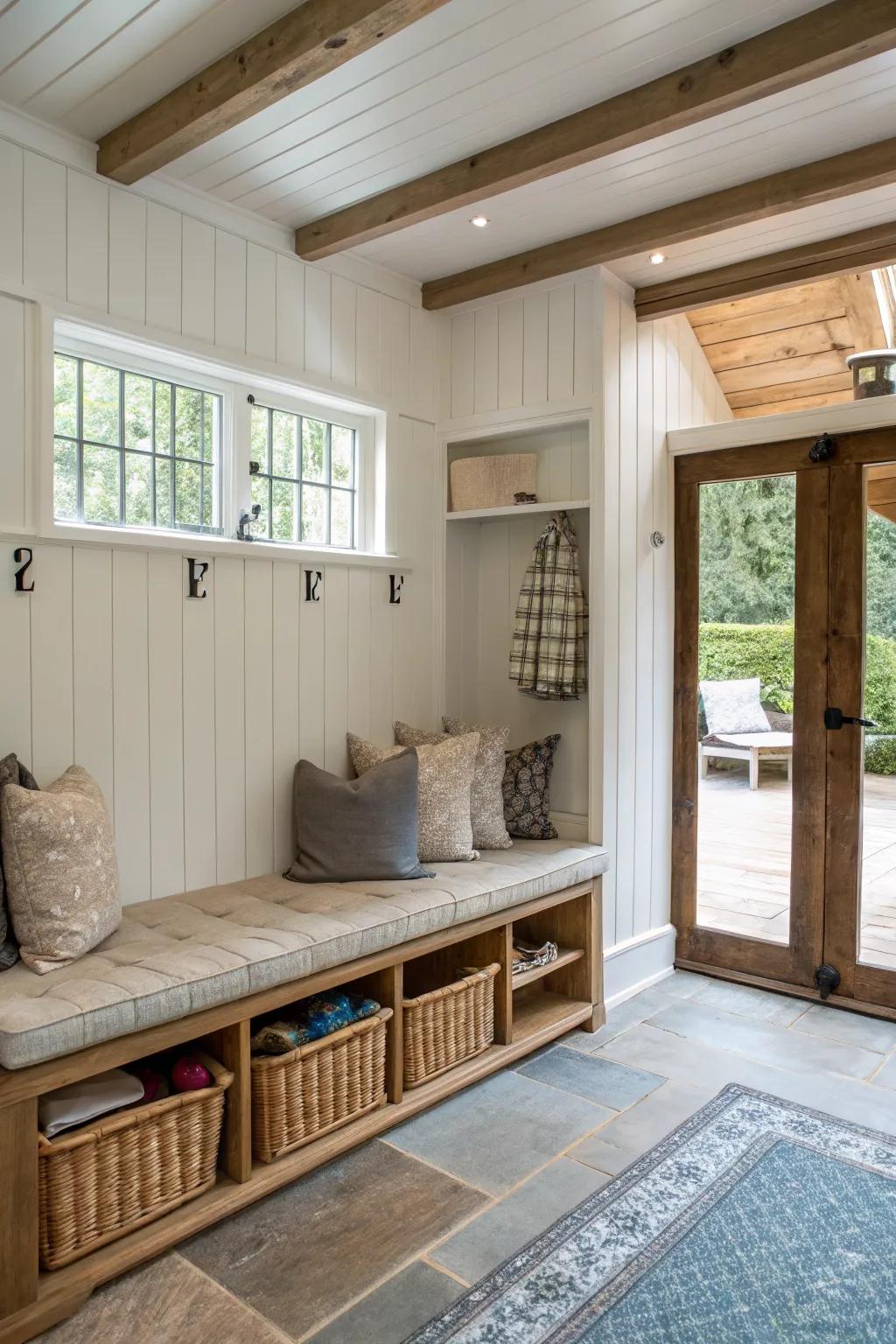Built-in benches offer comfort and clever storage solutions.