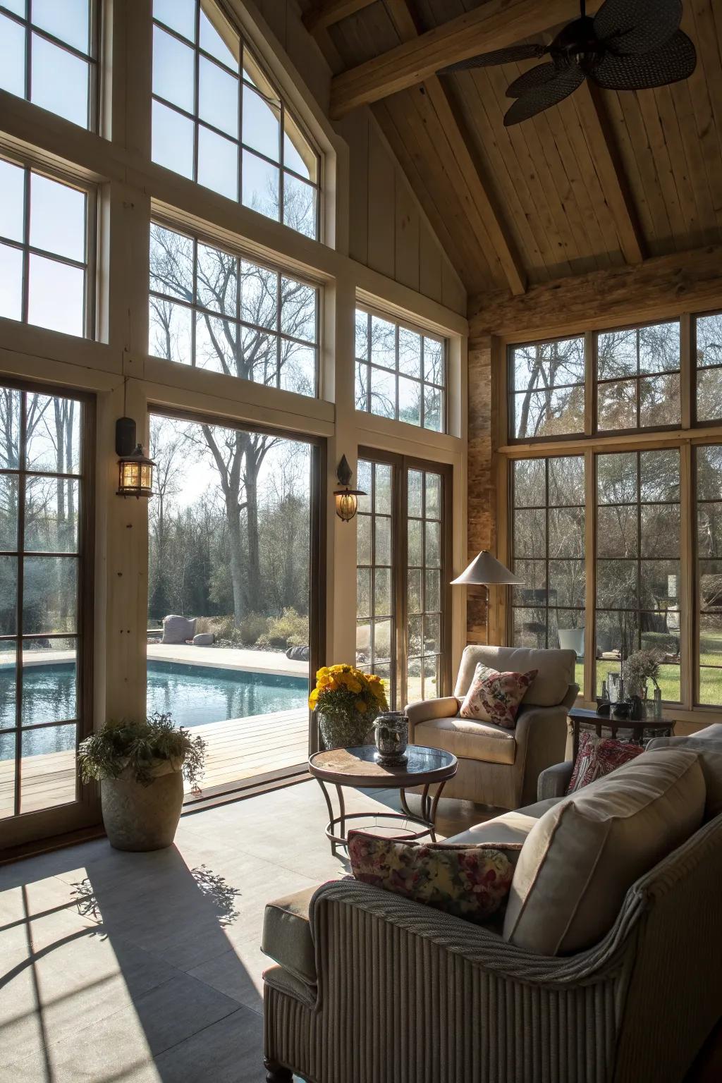 Natural light enhances the ambiance of this inviting pool house.