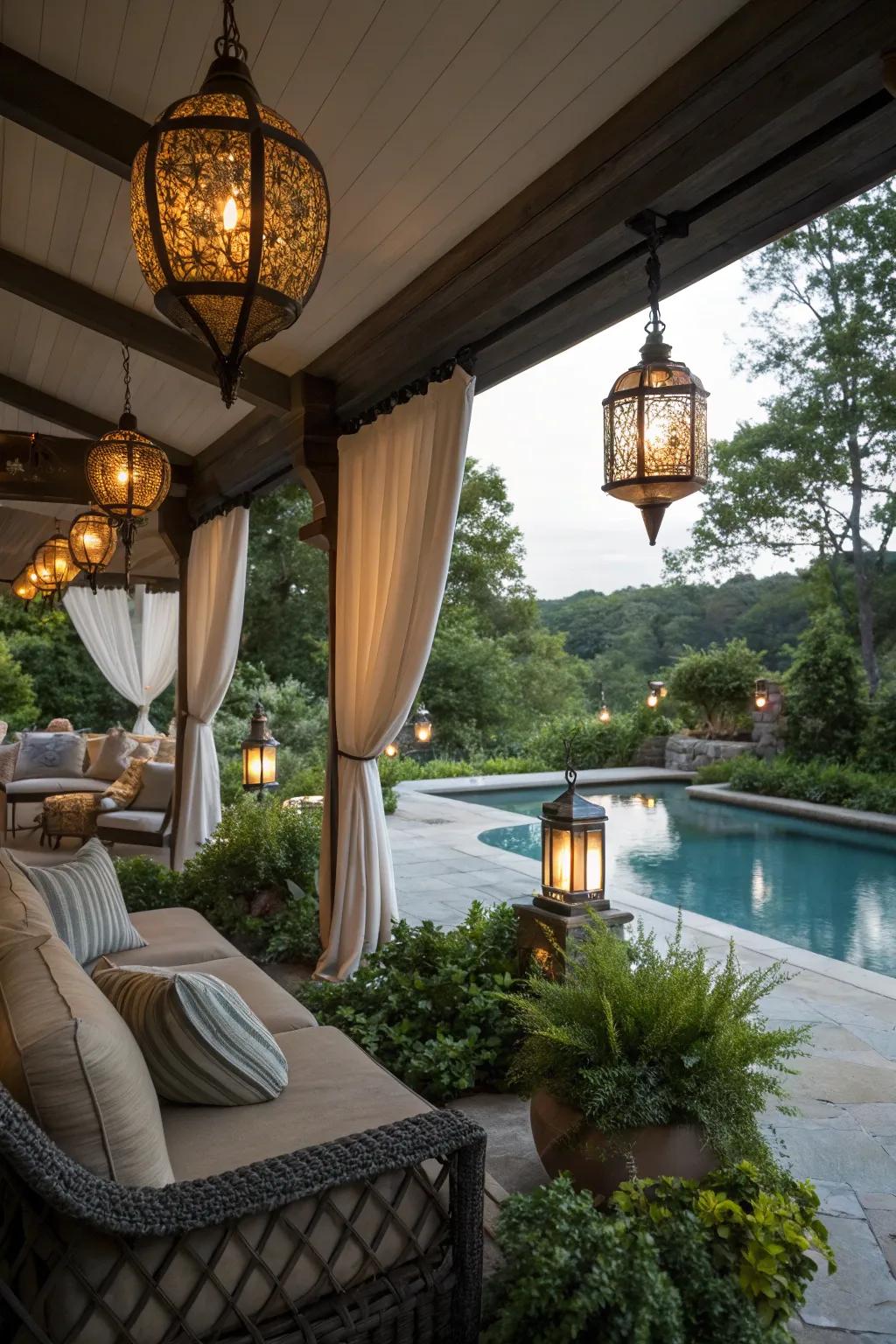 Lanterns add both light and style to any poolside setting.