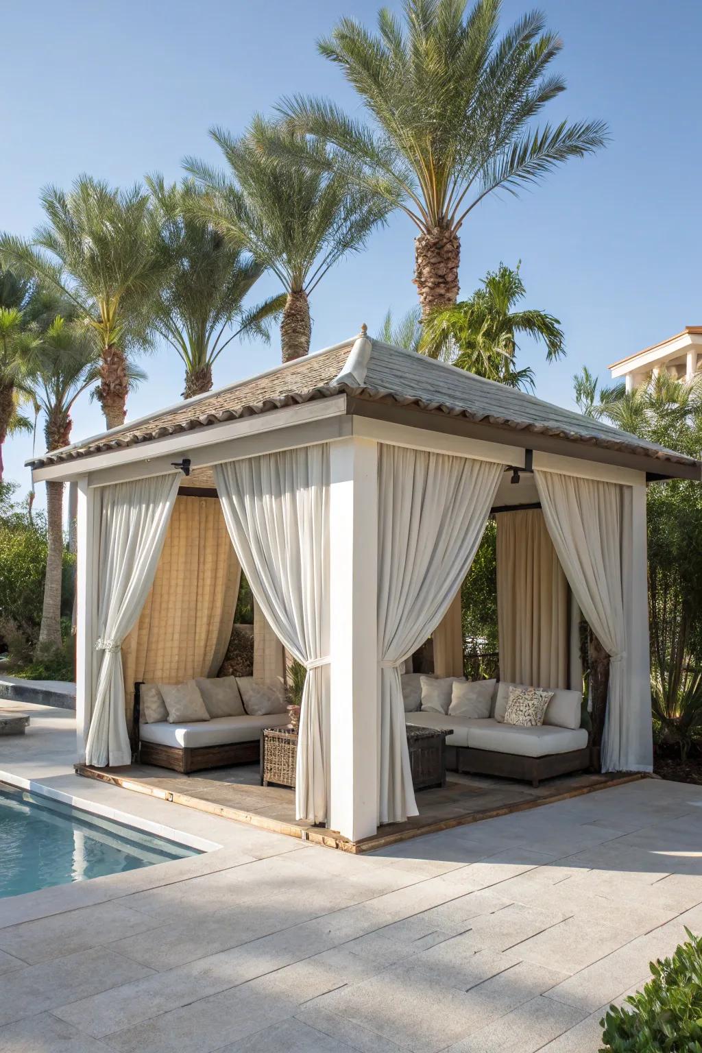 A cabana-style pool house for cozy and stylish lounging.