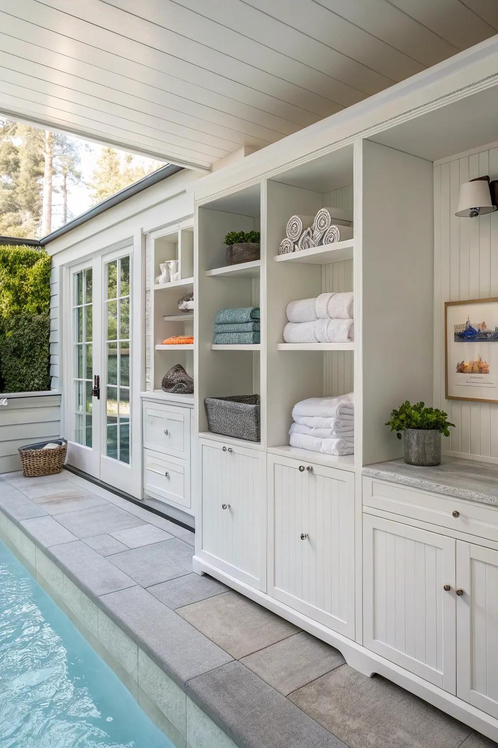 Sleek shelving keeps your pool essentials organized and easily accessible.