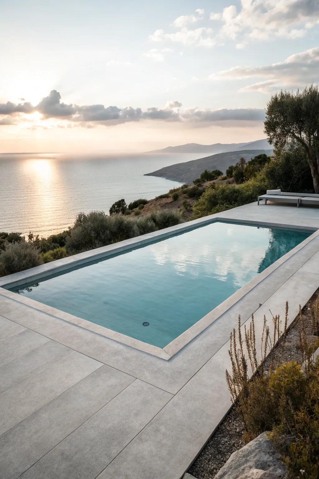 A modern minimalist pool design with clean lines and a concrete deck.