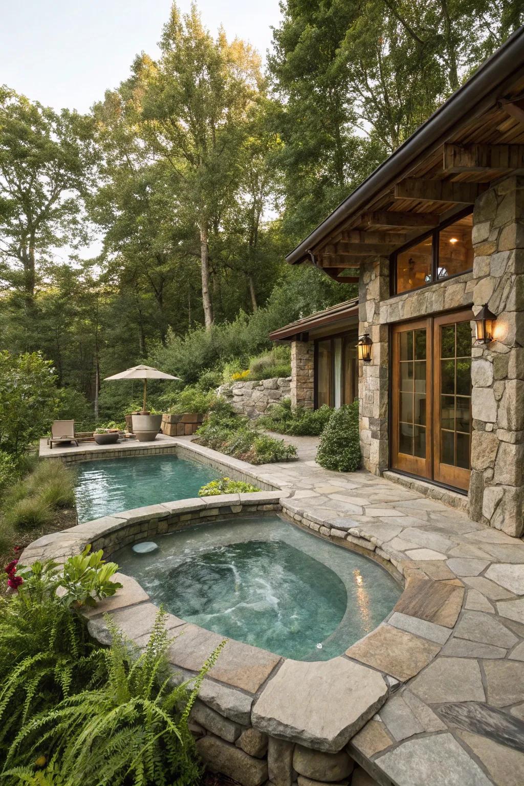 A pool and jacuzzi surrounded by natural stone and wood, creating a serene escape.