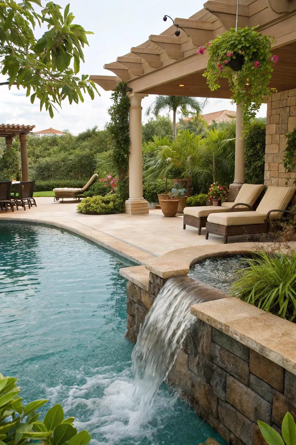 A luxurious pool with a waterfall feature, adding a touch of elegance.