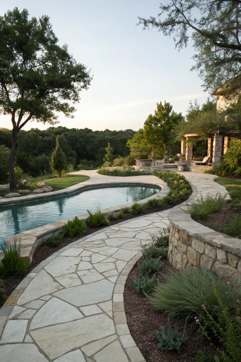 Stone pathways enhance both function and beauty in your pool area.