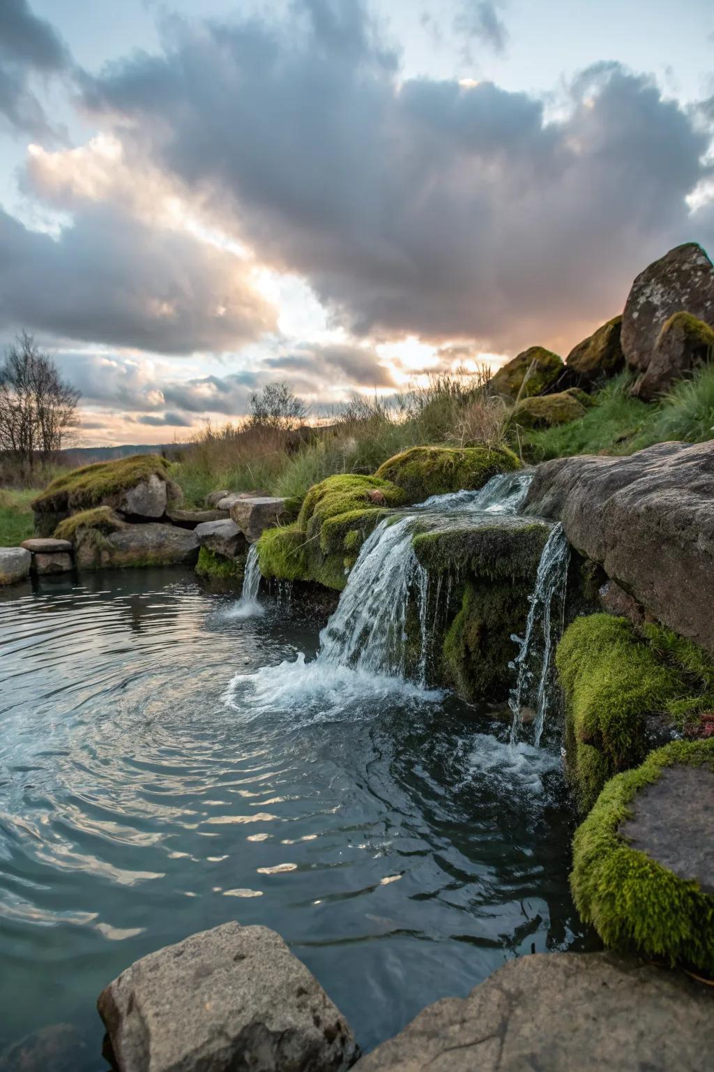 A serene rock waterfall adds movement and sound to your pool landscape.
