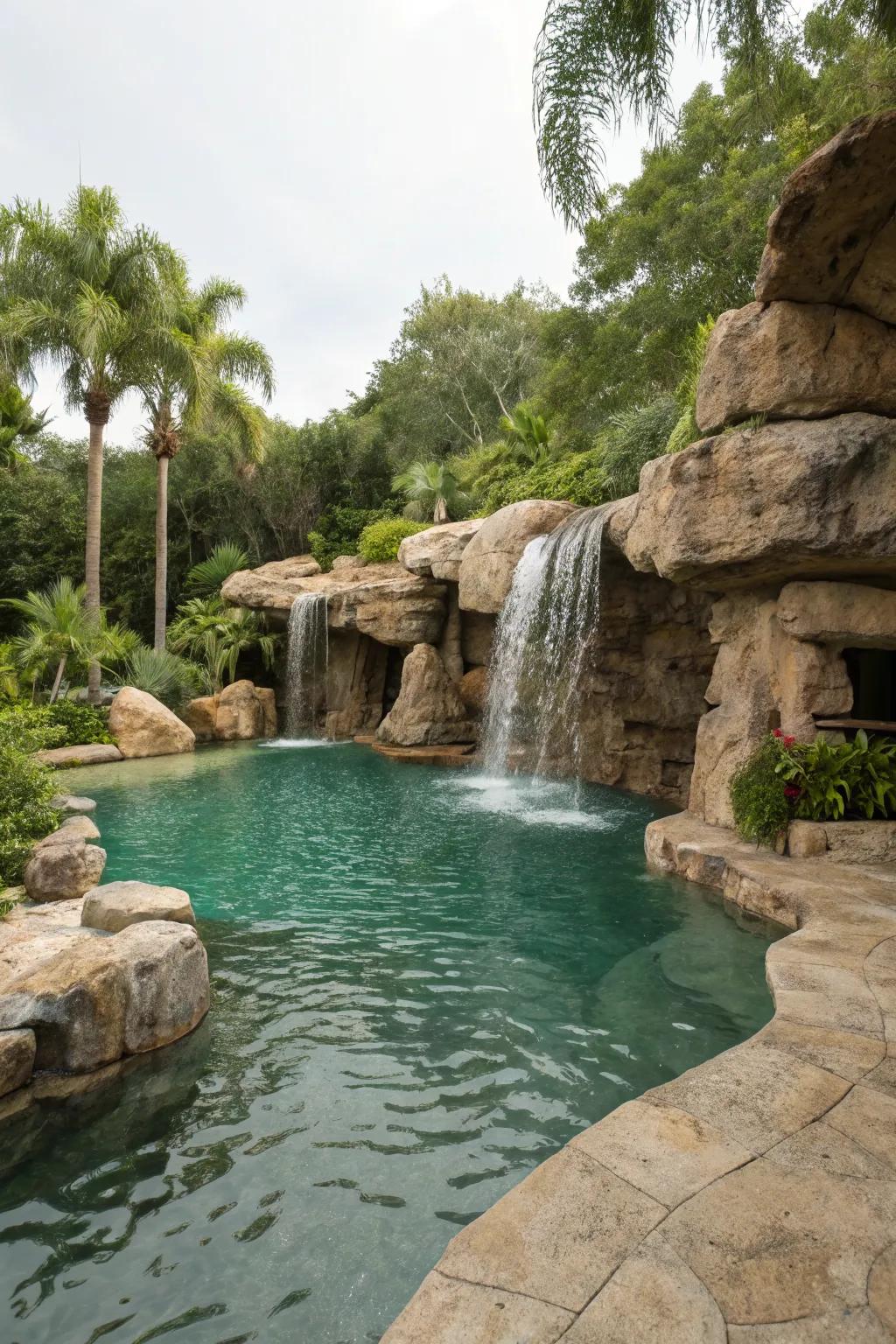 Transform your pool into a serene natural oasis with rocks and waterfalls.