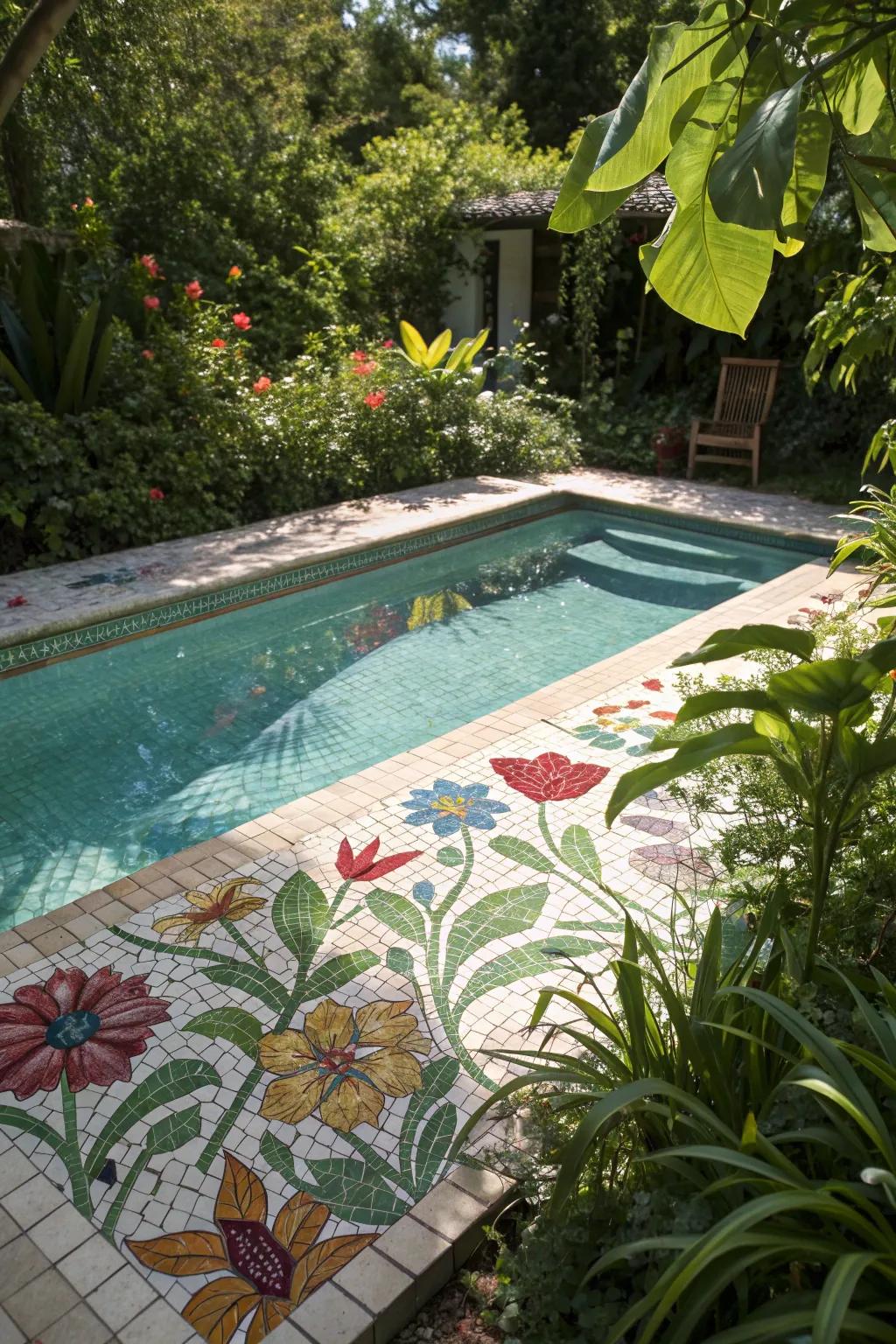 A pool that beautifully incorporates nature's colors and motifs through mosaic art.
