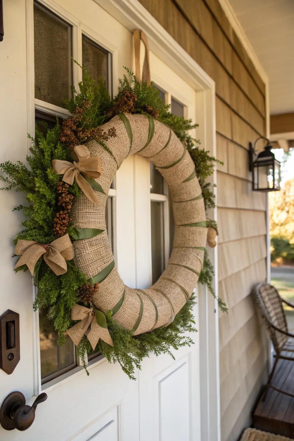 Rustic burlap and greenery give this wreath a cozy countryside feel.