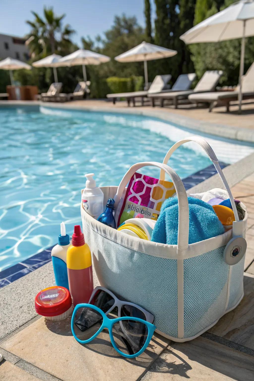 A poolside caddy keeps essential items organized and within reach.