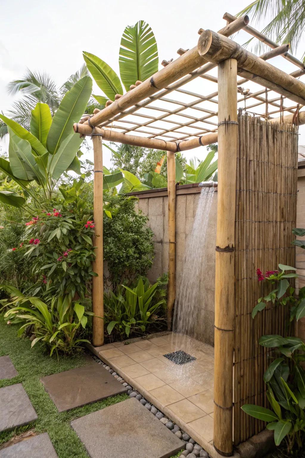A tropical oasis with a bamboo touch for your outdoor shower.