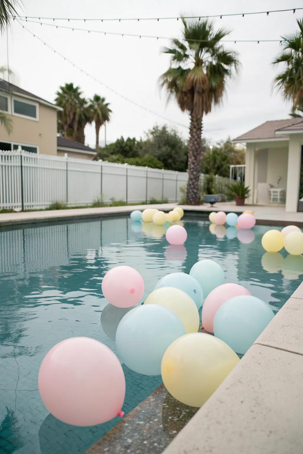Floating balloons create a whimsical and enchanting pool setting.
