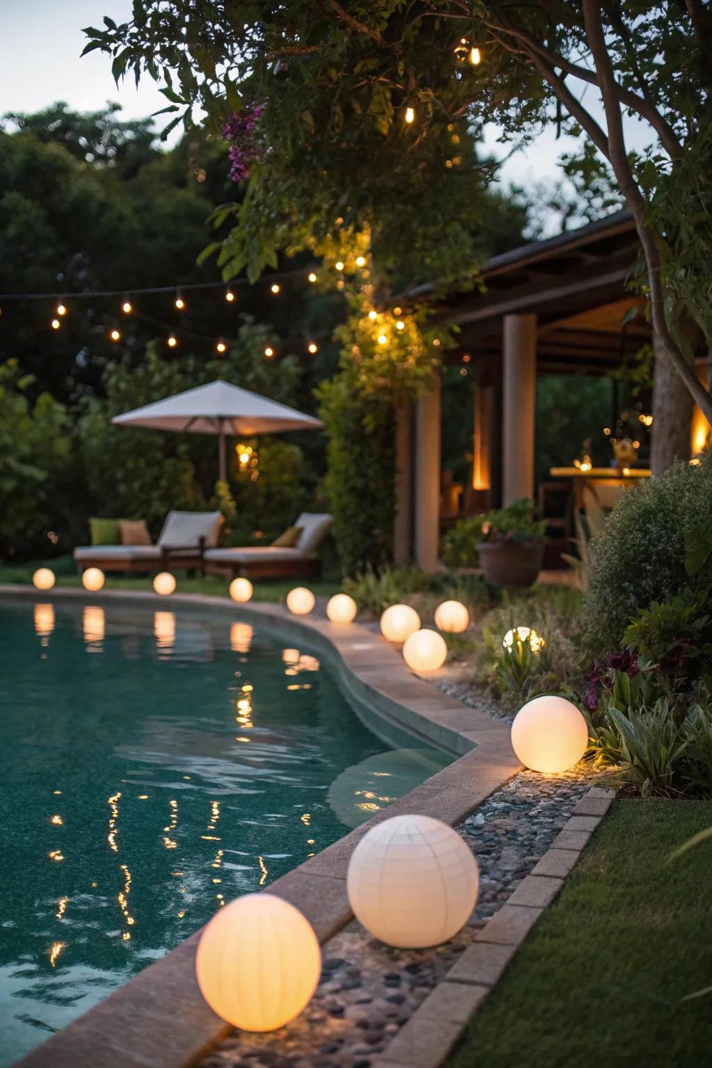 A pool illuminated by floating lights, creating a magical evening ambiance.