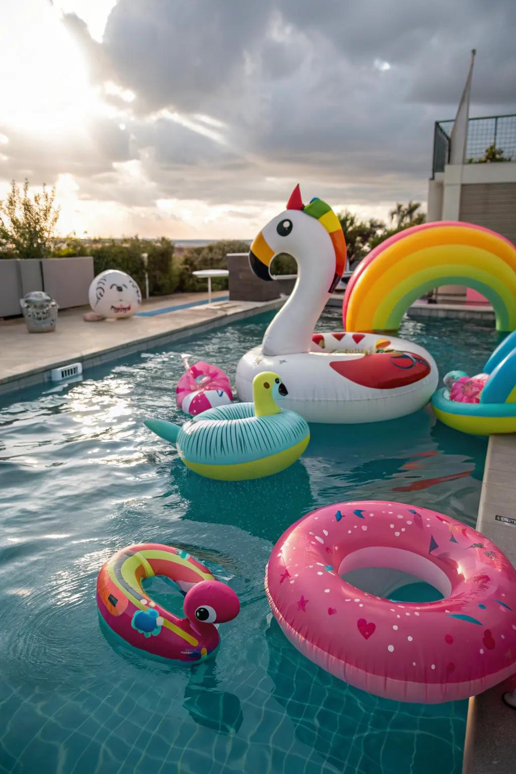 A pool filled with an array of colorful inflatable floats.