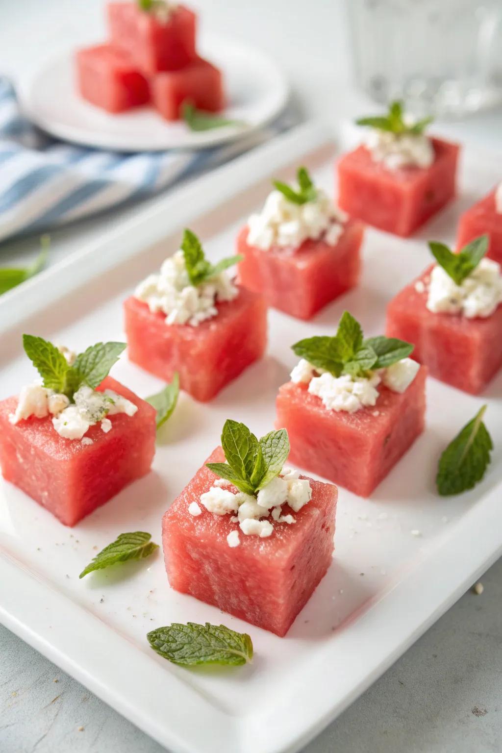 Sweet and savory watermelon feta bites.