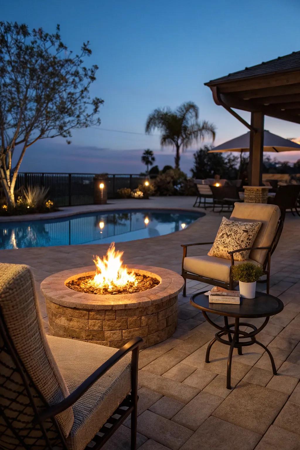 Add ambiance to your pool patio with a cozy fire pit.