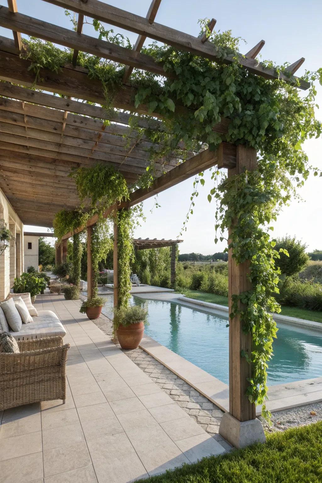 A pool porch with a charming pergola covered in greenery.