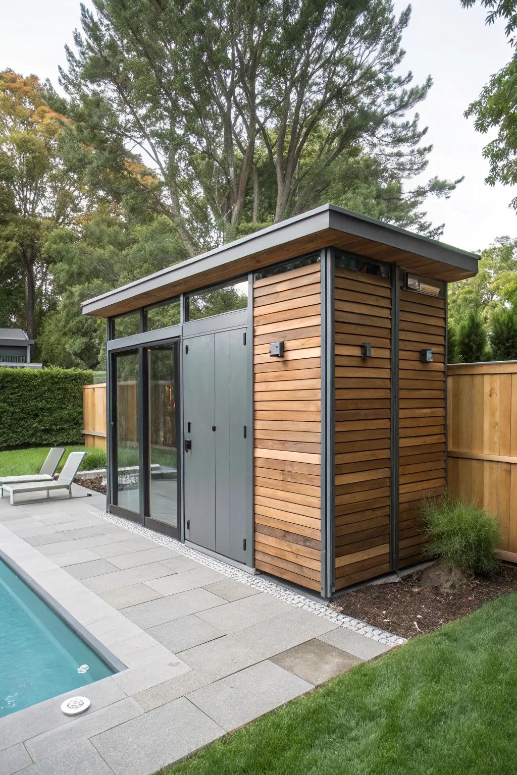 A chic and durable metal and wood pool pump house.
