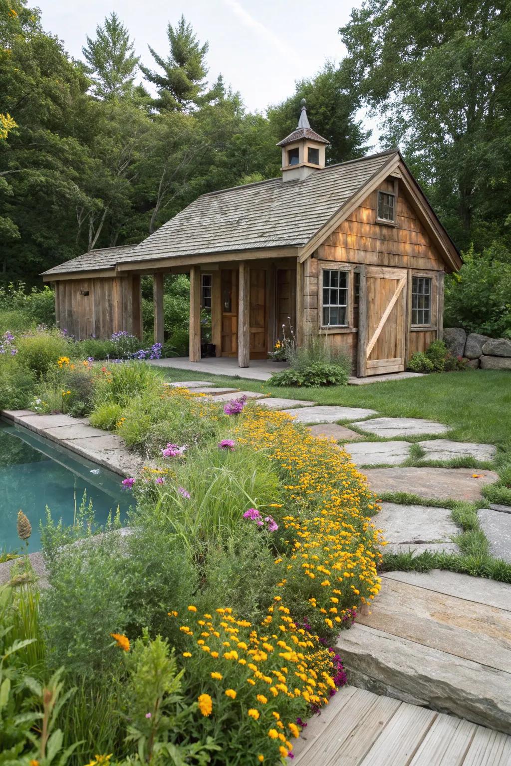 Rustic charm: A cozy countryside escape by the pool.