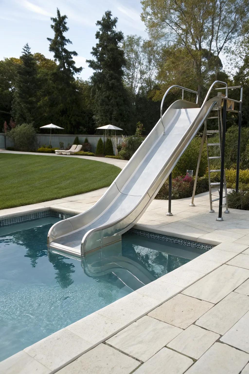 A modern pool slide that adds elegance to any backyard.